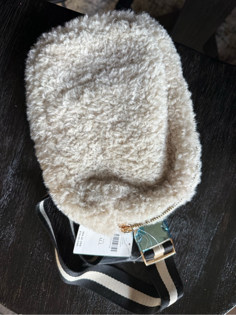 Anthropologie Cream Faux Shearling Satchel with Striped Strap